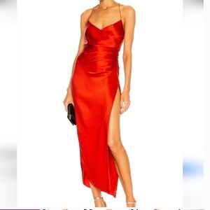 Backless Red Satin Slip Dress with Thigh Slit
